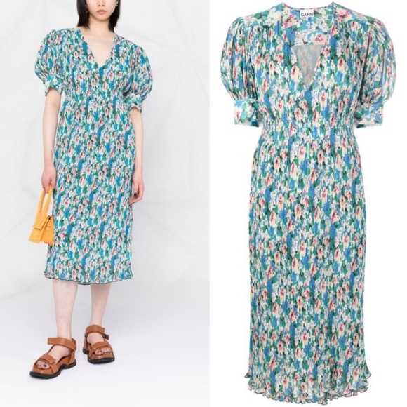 GANNI Floral-print pleated georgette midi dress